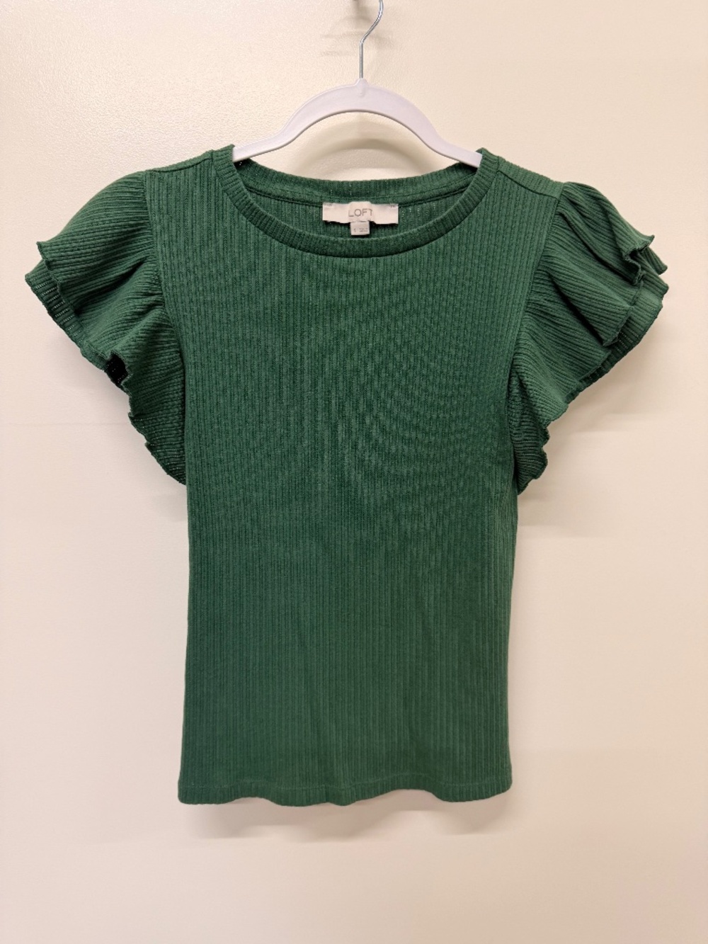 LOFT Forest Green Ribbed Knit Top, Size S, Double Ruffle Flutter Sleeves